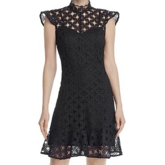 Bardot Dresses & Skirts - Bardot Black Lace Dress US 4 XS High Neck Cap Sleeve Fit Flare NWT
